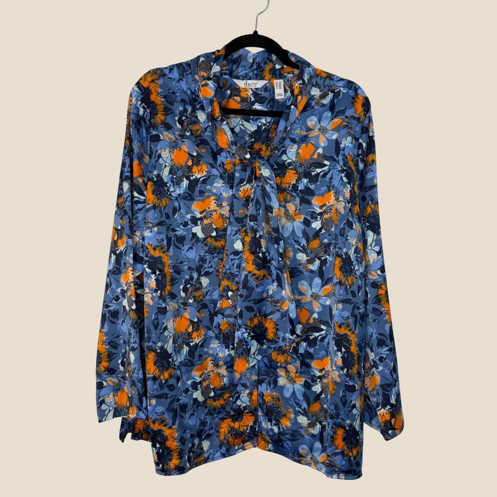 Denim & Co. Adaptive Floral Printed Blouse Neck Tie Detail 2X NEW Blue Orange - Picture 1 of 12